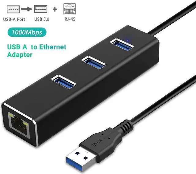 Main image of Aomoproing    USB to Ethernet Adapter, USB A to 3 Ports USB 3.0 Hub with 10/100/1000 Mbps LAN RJ45 Gigabit Network Adapter, Supports Windows 10/8/7, Mac OS, Linux