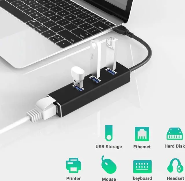 Alt view image 6 of 6 - Aomoproing    USB to Ethernet Adapter, USB A to 3 Ports USB 3.0 Hub with 10/100/1000 Mbps LAN RJ45 Gigabit Network Adapter, Supports Windows 10/8/7, Mac OS, Linux