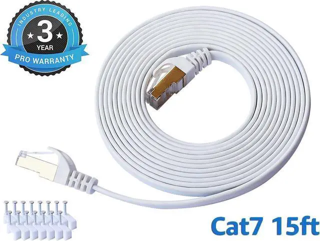 Main image of Cat 7 Ethernet Cable 15 ft LAN Cable Internet Network Cord for PS4, Xbox, Router, Modem, Gaming, White Flat Shielded 10 Gigabit RJ45 High Speed Computer Patch Wire.