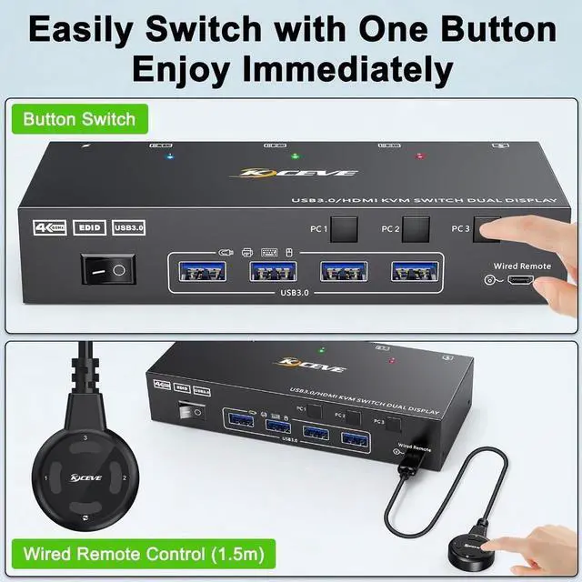 Alt view image 2 of 7 - USB 3.0 HDMI KVM Switch 2 Monitors 3 Computers 4K@60Hz 2K@144Hz, Edid simulation, Dual Monitor HDMI KVM Switch 3 in 2 Out for 3 Computers Share 2 Displays and 4 USB3.0 Port Keyboard Mouse Printer