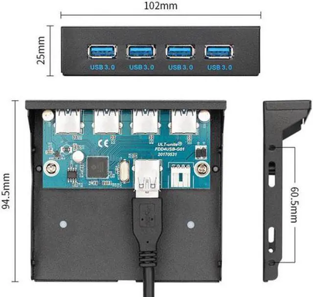 Alt view image 5 of 5 - Aomoproing USB 3.0 HUB 4 Ports Front Panel to Motherboard 20Pin Connector Cable for 3.5" Floppy Bay