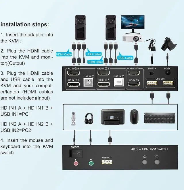 Alt view image 7 of 7 - Dual Monitor KVM Switch HDMI 2 Port, 4K@60Hz Extended Display HDMI KVM Switch 2 Monitors 2 Computers with Audio Microphone Output and 3 USB Ports, PC Monitor Keyboard Mouse Switcher