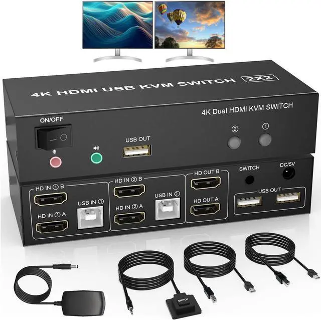 Main image of Dual Monitor KVM Switch HDMI 2 Port, 4K@60Hz Extended Display HDMI KVM Switch 2 Monitors 2 Computers with Audio Microphone Output and 3 USB Ports, PC Monitor Keyboard Mouse Switcher