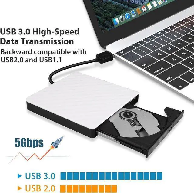Alt view image 2 of 7 - External CD DVD Drive, Portable USB 3.0 External CD/DVD Drive Reader DVD CD RW Writer Burner Player Optical DVD Drive for Laptop, Desktop, Mac, IOS, Windows 10/8/7 / XP/ Linux/ Vista (White)