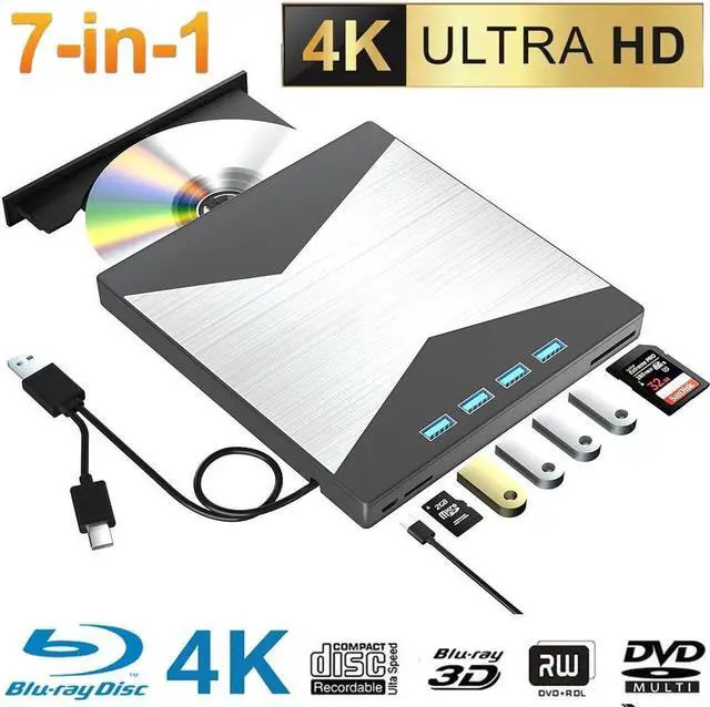 Main image of 7-in-1 External Blu Ray Drive, 4K Portable Blu Ray Burner USB 3.0 Type-C BD Player with SD/TF Port, CD/DVD Burner R/W 3D BluRay Drive, External 4K Blu Ray Drive Compatible with Windows MacOS Laptop PC