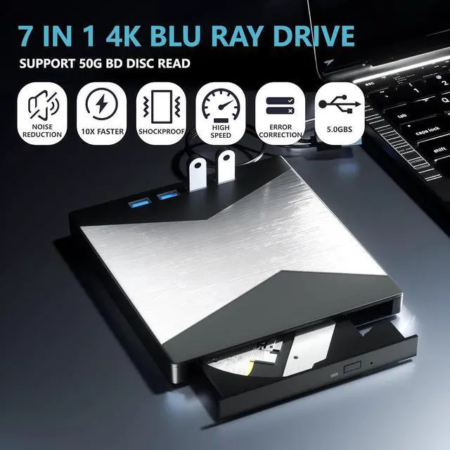 Alt view image 2 of 5 - 7-in-1 External Blu Ray Drive, 4K Portable Blu Ray Burner USB 3.0 Type-C BD Player with SD/TF Port, CD/DVD Burner R/W 3D BluRay Drive, External 4K Blu Ray Drive Compatible with Windows MacOS Laptop PC