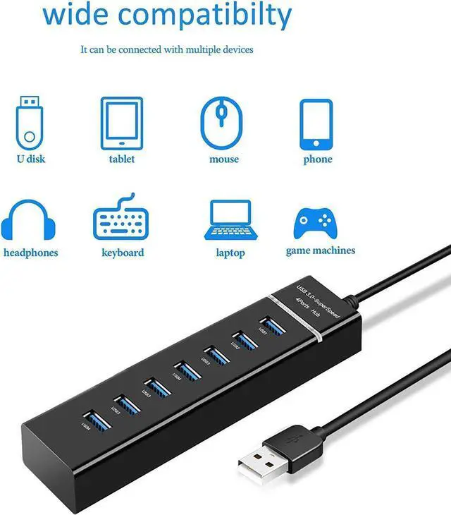 Alt view image 2 of 7 - USB HUB 3.0, 7 Port USB HUB Splitter with LED Light and 1.2m Long Cable for Laptop,PC, Mac, Surface Pro and More USB Devices (Black)