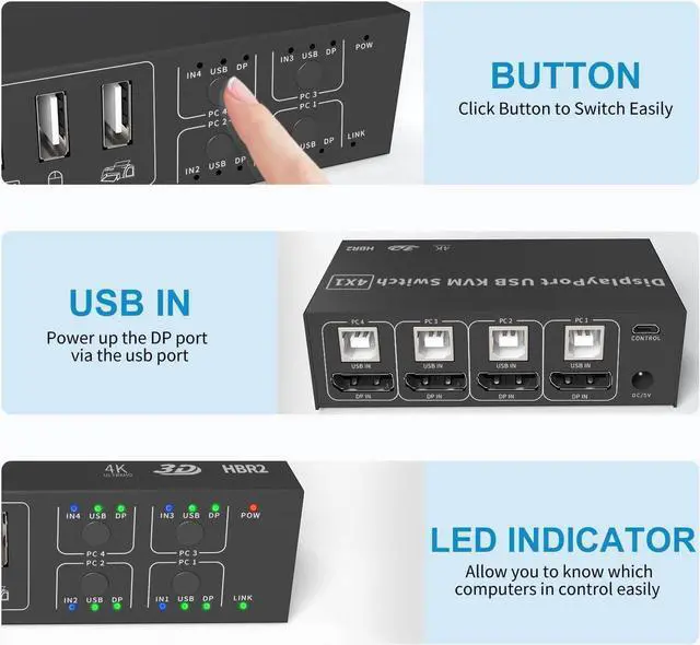 Alt view image 4 of 7 - 4 in 1 Out DisplayPort KVM Switch 4x1, 4 Port 4K @60Hz USB and DP Switch for 4 Computers Share Keyboard Mouse Printer Monitor for Laptop,PC, with 4X USB Cable,1x Switch Button Cable,1x Power Cable
