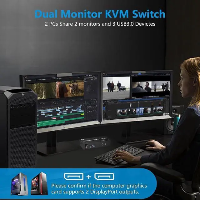 Alt view image 4 of 7 - Displayport KVM Switch Dual Monitor 8K@60Hz/4K@144Hz, DP 1.4 USB 3.0 KVM Switcher for 2 Computers Share 2 Monitors and 3 USB Devices with Audio Microphone, Support Extended & Mirror Mode