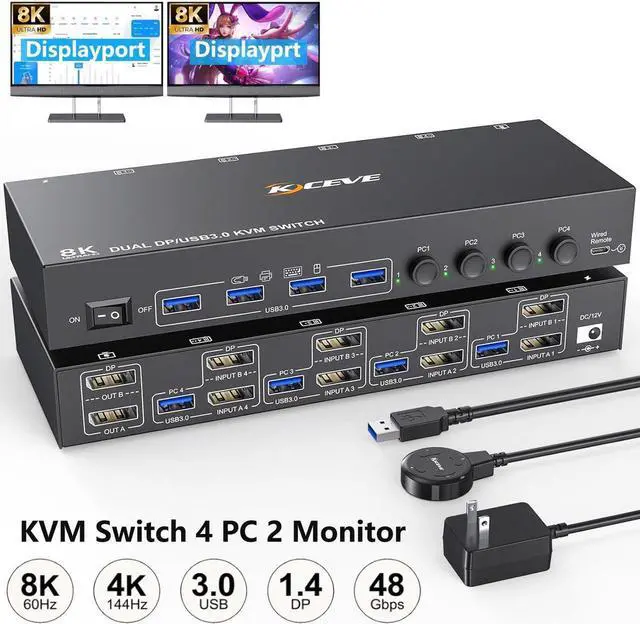 Main image of Displayport KVM Switch 4 Computer 2 Monitors, Dual Monitors Displayport USB 3.0 KVM Switcher, Supports 8K@30Hz 4K@60Hz for 4 DP Computers Share 2 DP Monitors, Keyboard and Mouse