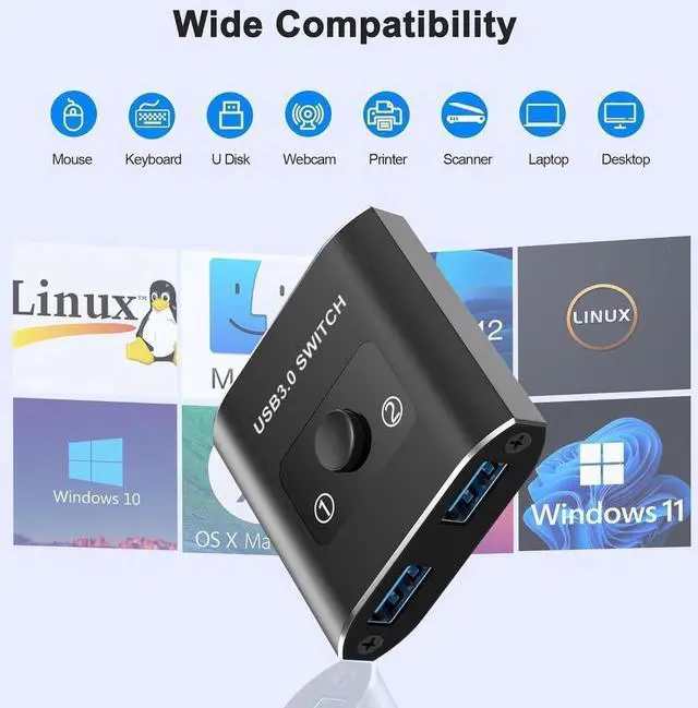 Alt view image 4 of 7 - USB 3.0 Switch, Bi-Directional USB Switcher, USB Splitter 1 in 2 Out/2 in 1 Out, Aluminum USB Switch 2 Computers Share Printer, Mouse, Keyboard, USB Sharing Switch with 2 USB 3.0 Cable