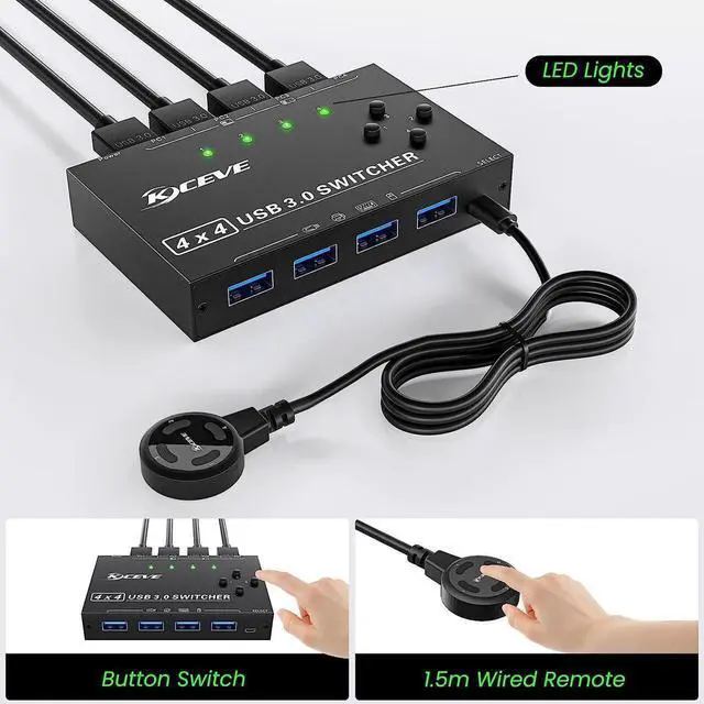 Alt view image 4 of 7 - USB Switch for 4 PC USB 3.0 Switcher 4 in 4 out, USB 3.0 KVM Switch for 4 PC Share 4 USB Devices Keyboard, Mouse, Printer, Scanner, U disk with Wired Remote and 4 USB 3.0 A to A Cables