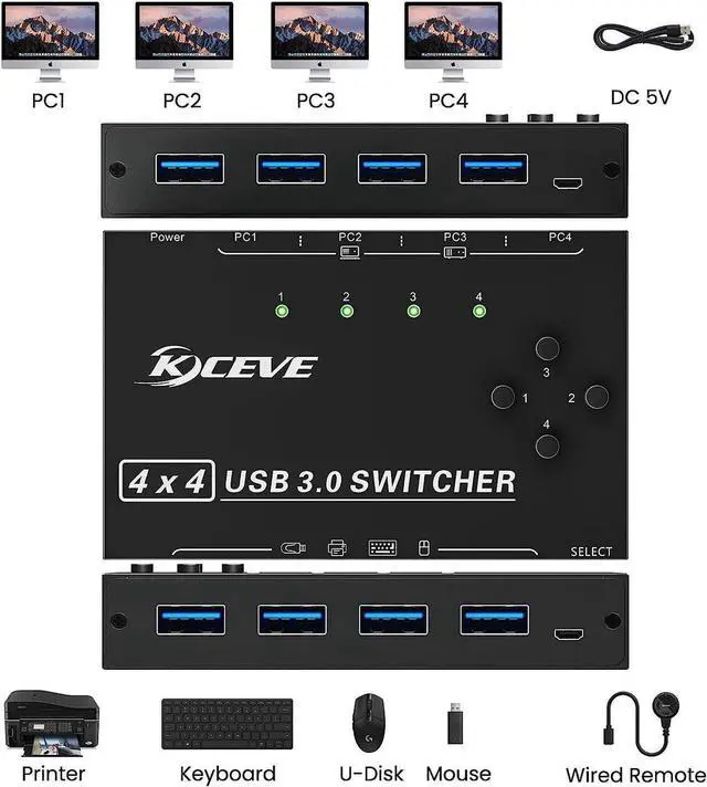 Alt view image 2 of 7 - USB Switch for 4 PC USB 3.0 Switcher 4 in 4 out, USB 3.0 KVM Switch for 4 PC Share 4 USB Devices Keyboard, Mouse, Printer, Scanner, U disk with Wired Remote and 4 USB 3.0 A to A Cables