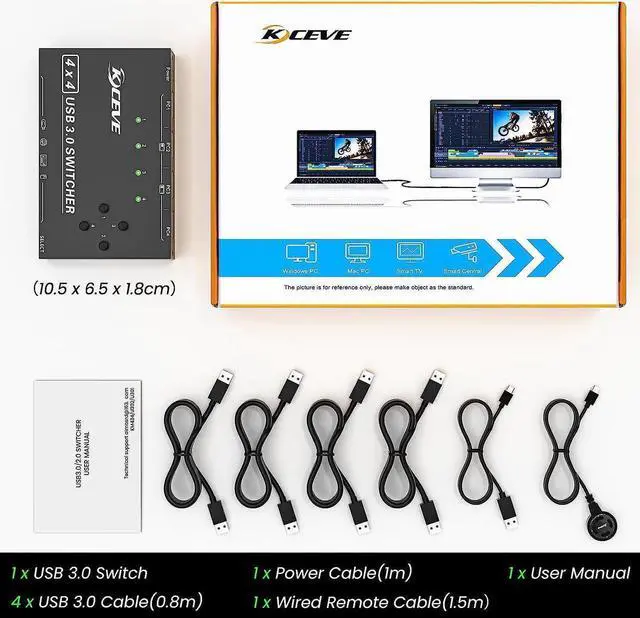 Alt view image 7 of 7 - USB Switch for 4 PC USB 3.0 Switcher 4 in 4 out, USB 3.0 KVM Switch for 4 PC Share 4 USB Devices Keyboard, Mouse, Printer, Scanner, U disk with Wired Remote and 4 USB 3.0 A to A Cables