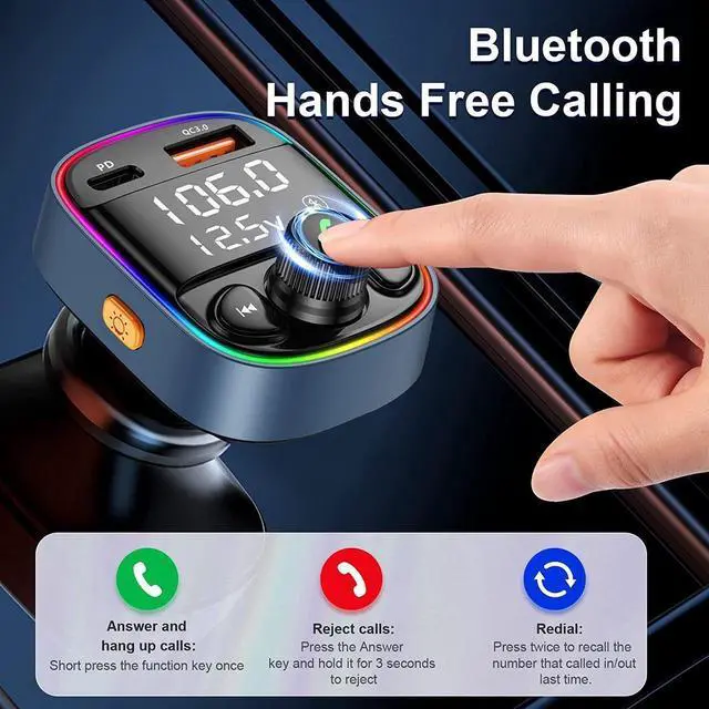 Alt view image 4 of 7 - Bluetooth FM Transmitter for Car, Car PD Charger with MP3 Player, Car Bluetooth FM Transmitter Adapter with 7 Color Backlit, QC 3.0+PD Ports Support TF Card USB Flash Drive