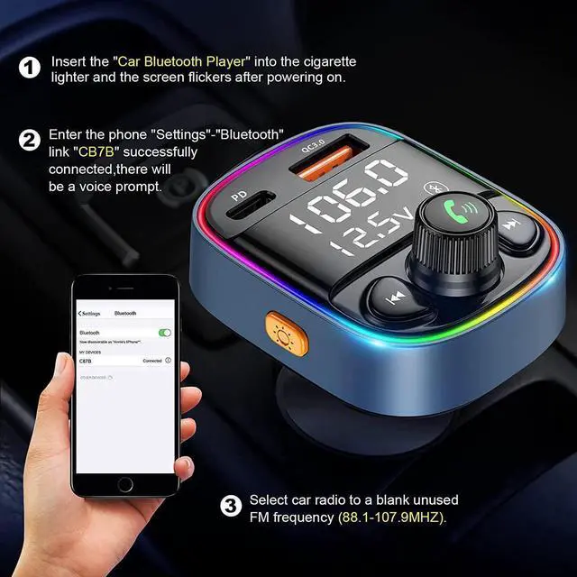 Alt view image 3 of 7 - Bluetooth FM Transmitter for Car, Car PD Charger with MP3 Player, Car Bluetooth FM Transmitter Adapter with 7 Color Backlit, QC 3.0+PD Ports Support TF Card USB Flash Drive