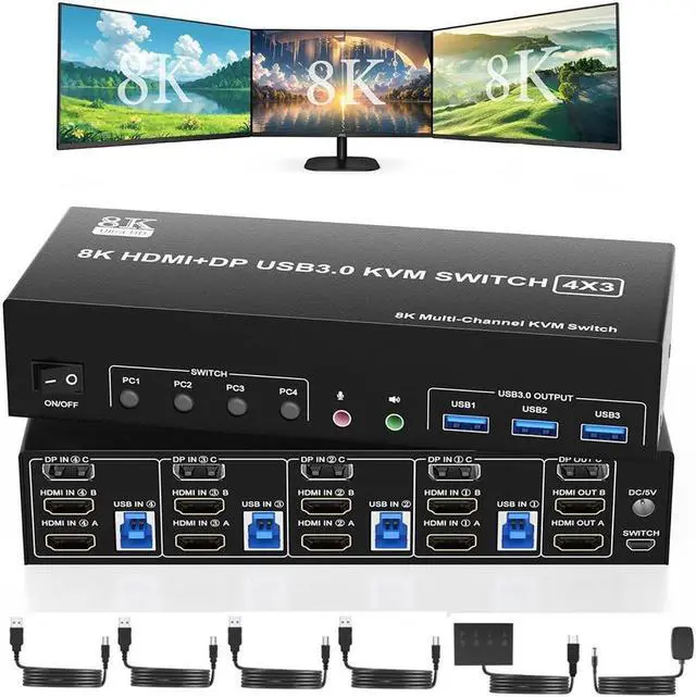 Main image of KVM Switch 3 Monitors 4 Computers 8K@60Hz, 2 HDMI +1 Displayport Triple Monitor KVM Switch for 4 PCs Share 3 Monitor and 3 USB 3.0 Ports, with Audio Microphone Output Support Extended and Copy Mode