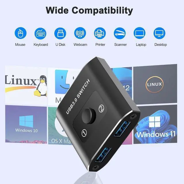 Alt view image 2 of 7 - USB 3.0 Switch, Bi-Directional USB Switcher, USB Splitter 1 in 2 Out/2 in 1 Out, Aluminum USB Switch 2 Computers Share Printer, Mouse, Keyboard, USB Sharing Switch with 2 USB 3.0 Cable