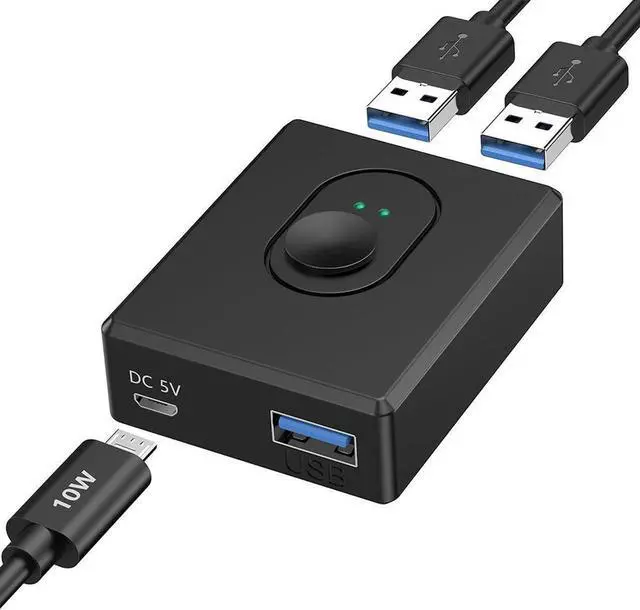 Main image of USB Switch for 2 Computers, Bi-Directional USB 3.0 Switch 2 in 1 Out or 1 in 2 Out, with 10 W Port & 2 Pieces 1M USB 3.0 Cable, USB KVM Switch for PC, Laptop, Mouse, Keyboard, USB Hub, Printer, Car