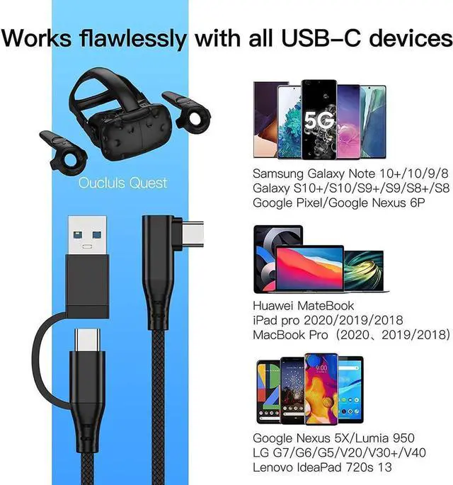 Alt view image 4 of 7 - Compatible for Oculus Quest 2 Link Cable 10FT/3M, USB C to USB C/USB A 2 in 1 Cable,High Speed Data Transfer & Fast Charging Type C Cable for Quest 1/2 Oculus VR Headset to a Gaming PC
