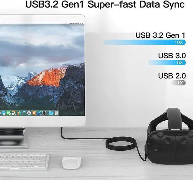Alt view image 3 of 7 - Compatible for Oculus Quest 2 Link Cable 10FT/3M, USB C to USB C/USB A 2 in 1 Cable,High Speed Data Transfer & Fast Charging Type C Cable for Quest 1/2 Oculus VR Headset to a Gaming PC