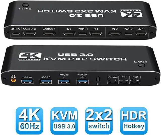 Main image of 2x2 Dual Monitor HDMI KVM Switch 2 in 2 Out, 4K @60Hz 2 Port Dual Monitor USB 3.0 KVM Switch 1080P USB KVM Switcher HDMI with USB 3.0 port