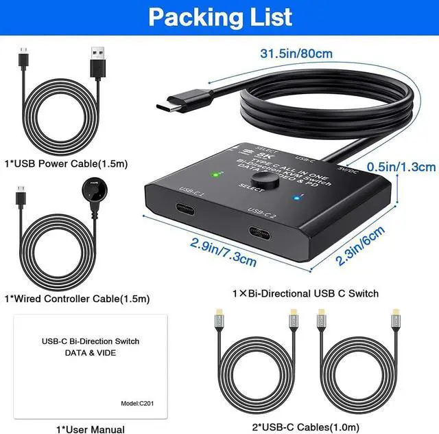 Alt view image 2 of 7 - USB-C Switch,Bi-Directional USB C Switcher 2 in 1 Out/1 in 2 Out Type C KVM Switch Supports 8K @60Hz,4K @120Hz Video / 10Gbps Data Transfer/ 100w Power Delivery Compatible with Thunderbolt Device