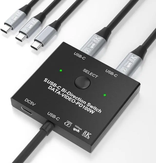 Main image of 2 Port USB C Switch, Bi-Directional [2 in 1 Out / 1 in 2 Out] USB C Switcher 2 Computers, USB C KVM Switch Support 8K @60Hz/4K@120Hz Video/10Gbps Data Transfer/100W Charging, with 2 USB-C Cables