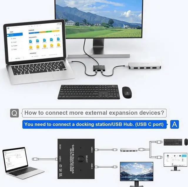 Alt view image 5 of 7 - 2 Port USB C Switch, Bi-Directional [2 in 1 Out / 1 in 2 Out] USB C Switcher 2 Computers, USB C KVM Switch Support 8K @60Hz/4K@120Hz Video/10Gbps Data Transfer/100W Charging, with 2 USB-C Cables