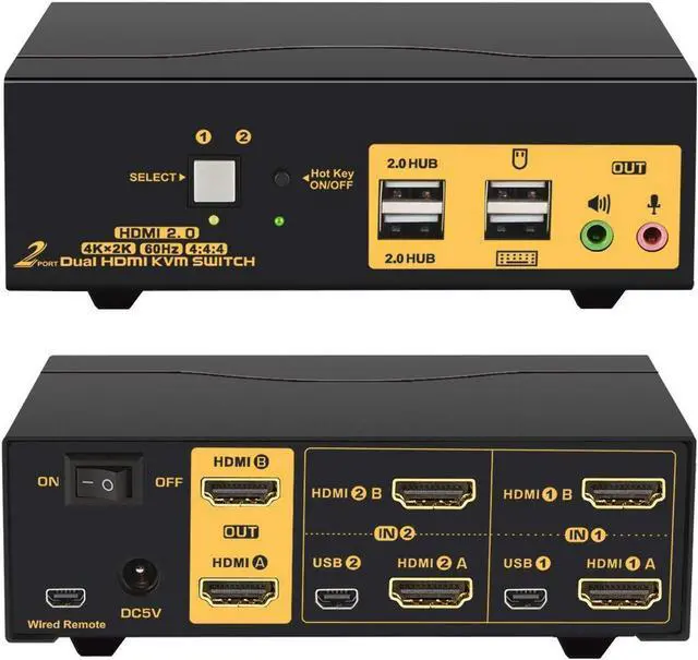 Main image of 2 Port HDMI KVM Switch HDMI Dual Monitor 4K @60Hz YUV 4:4:4 with Audio Outputs, KVM Switch for 2 Computers 2 Monitors with USB 2.0 HUB and Cables