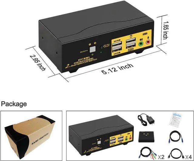 Alt view image 3 of 7 - 2 Port HDMI KVM Switch HDMI Dual Monitor 4K @60Hz YUV 4:4:4 with Audio Outputs, KVM Switch for 2 Computers 2 Monitors with USB 2.0 HUB and Cables
