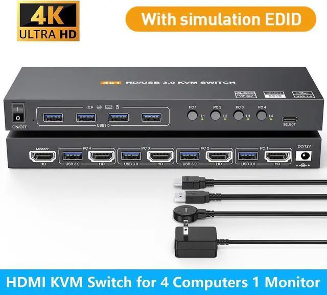Main image of USB 3.0 KVM Switch HDMI 4K@60Hz/2K@120Hz, with EDID, 4 Port HDMI KVM Switch for 4 Computer Share 1 Monitor and 4 USB 3.0 Devices, Wired Remote and USB Cables Included