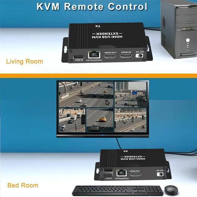 Alt view image 5 of 7 - 60M HDMI KVM USB Extender Over IP Over Ethernet 1080p HD Video Over Cat5e Cat6 Ethernet Cable 60M (196ft) for Mouse and Keyboard Control Remote Signals (Black)