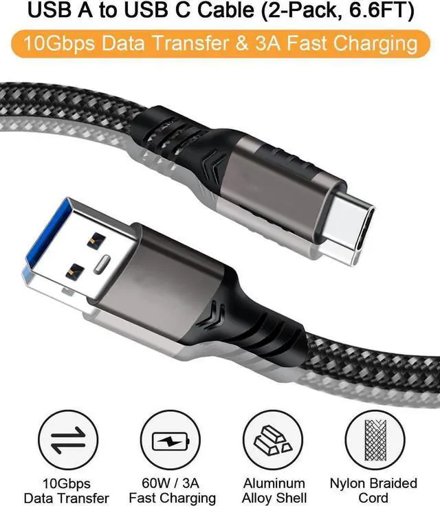 Alt view image 3 of 7 - USB A to USB C Cable [2 Pack 6.6ft], USB 3.1/3.2 Data Transfer and 60W 3A Fast Charging Cable, for Android Auto S-a-m s-u-n-g Galaxy S23 S22 S21 S20 Ultra and Other Type C Phone Laptop PC Devices