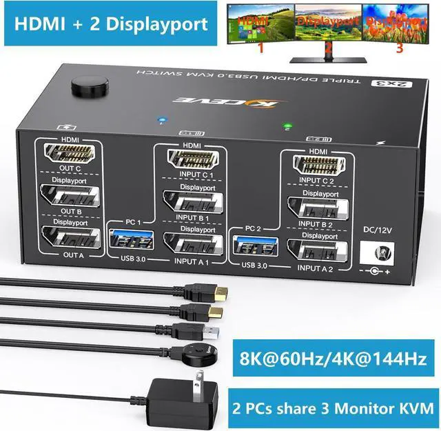 Alt view image 7 of 7 - 2 Displayport + HDMI Triple Monitor USB 3.0 KVM Switch 3 Monitors 2 Computers, 8K@60Hz, 4K@144Hz Triple KVM Switch with 4 USB 3.0 Ports, KVM Triple Monitor Keyboard Mouse Switcher,Included KVM Cables
