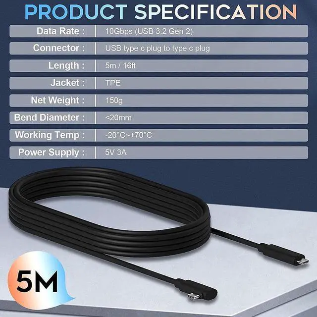 Alt view image 2 of 6 - 16FT/5M USB C to USB C High Speed Data Transfer & Fast Charging Cord 90 Degree Angled Cable Compatible for Oculus Link Quset 2 and Quest Steam VR, USB 3.2 Gen 2 10Gbps Virtual Reality Headset Cable
