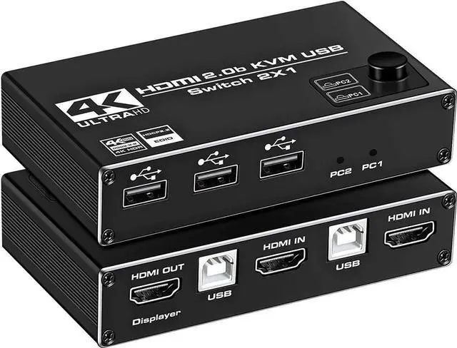 Main image of HDMI KVM Switch, 4K@60Hz USB Switch 2x1 HDMI2.0 Ports + 3X USB KVM Ports, Share 2 Computers to one Monitor, Support Wireless Keyboard and Mouse, USB Disk, Printer, USB Camera