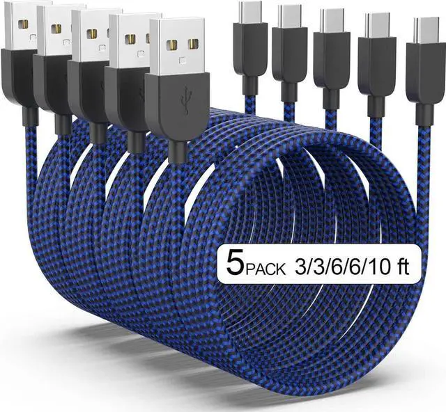 Main image of USB Type C Cable 5pack (3/3/6/6/10FT) Fast Charging 3.1A Quick Charge USB A to USB Type C Charger Cord for Samsung Galaxy S20 S10 S9 S8 A73 A51 A13, Note 20 10, LG G8 G7 Controller-Blue