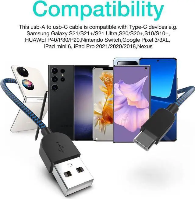 Alt view image 5 of 7 - USB Type C Cable 5pack (3/3/6/6/10FT) Fast Charging 3.1A Quick Charge USB A to USB Type C Charger Cord for Samsung Galaxy S20 S10 S9 S8 A73 A51 A13, Note 20 10, LG G8 G7 Controller-Blue