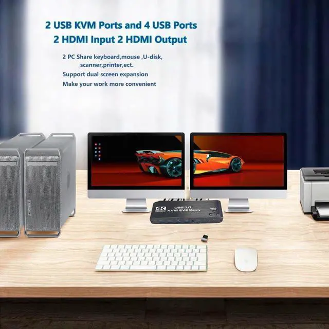 Alt view image 4 of 7 - HDMI KVM Matrix Switch 2x2, Dual Monitor USB HDMI KVM Switch with USB 3.0 Hub, 4k@60Hz HDMI Extended Display USB KVM Switcher 2 in 2 Out for 2 Computers Share 2 Monitors, with IR Remote Controller
