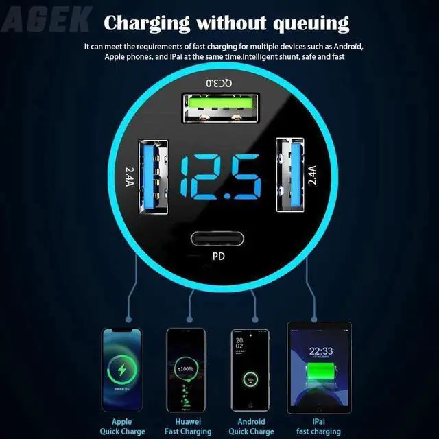 Alt view image 4 of 6 - Car Charger USB C Car Adapter 4 Port USB Car Charger with Voltage Display PD 3.0 & QC 3.0 Car Phone Charger Cigarette Lighter USB Charger Adapter Fast Charging for iPhone iPad & Phone Tablets