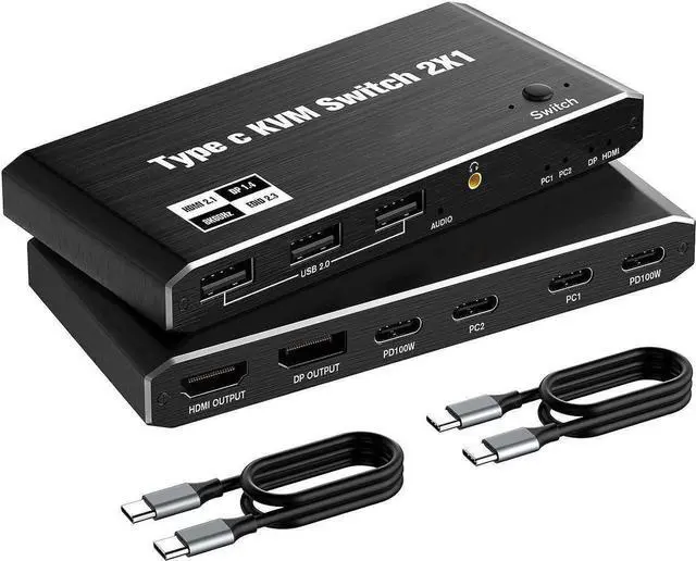Main image of USB C KVM Switch 8K @60Hz 4K @120Hz, 2 Port Type C KVM Switch for 2 Computers Share 1 Monitor [HDMI + DisplayPort Output], USB C KCM with 3 USB 2.0 Ports & 100W Power Delivery, 2 USB-C Cables Included