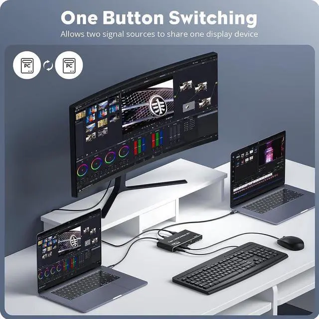 Alt view image 5 of 7 - USB C KVM Switch 8K @60Hz 4K @120Hz, 2 Port Type C KVM Switch for 2 Computers Share 1 Monitor [HDMI + DisplayPort Output], USB C KCM with 3 USB 2.0 Ports & 100W Power Delivery, 2 USB-C Cables Included