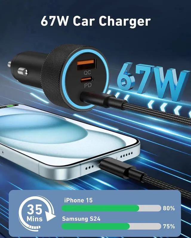 Alt view image 2 of 7 - USB C Car Charger, 2Pack 3-Port 67W Dual USB-C & USB-A Phone Car Charger Adapter PD/QC Fast Charging Cigarette Lighter for iPhone 15 14 13 12 11 Pro Max, iPad, Samsung S24 S23 S22, Pixel 8 7, Android