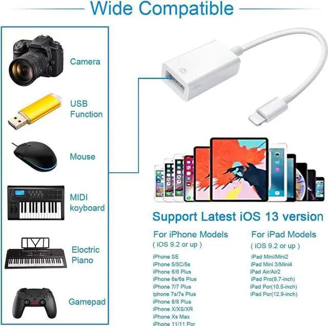 Alt view image 7 of 7 - Lightning to USB Camera Adapter Lightning Female USB OTG Cable Adapter for Select iPhone iPad Models Support Connect Camera Card Reader USB Flash Drive MIDI Keyboard White