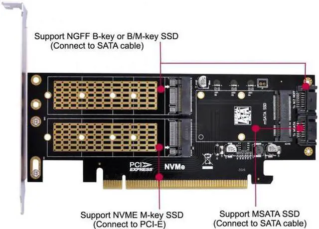 Alt view image 2 of 7 - Aomoproing  PCI Express PCI-E 3.0Dual SATA to NGFF NVME MSATA M-Key B/M-key SSD Card Adapter 3in1