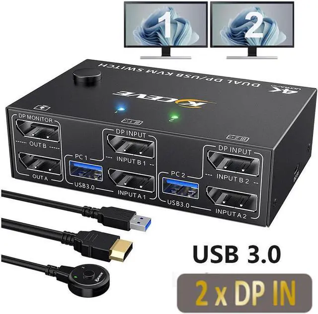 Main image of Dual Monitor DisplayPort 1.4 KVM Switch 8K@30Hz 4K@144Hz 2 in 2 Out, DP1.4 KVM Switch and 4 USB 3.0 Port for 2 Computers,Backnward Compatible DP1.2 with DP+USB Cables and Wired Controller