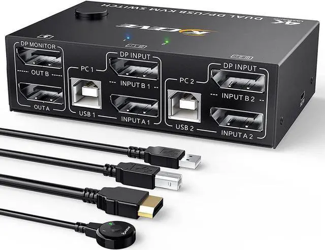 Alt view image 5 of 7 - 2 Port DP KVM Switch Dual Monitor DisplayPort 1.4 8K @30Hz 4K @144Hz 2 in 2 Out, DP1.4 KVM Switch and 4 USB HUBs for 2 Computers, Backward Compatible DP1.2 with DP+USB Cables and Wired Controller