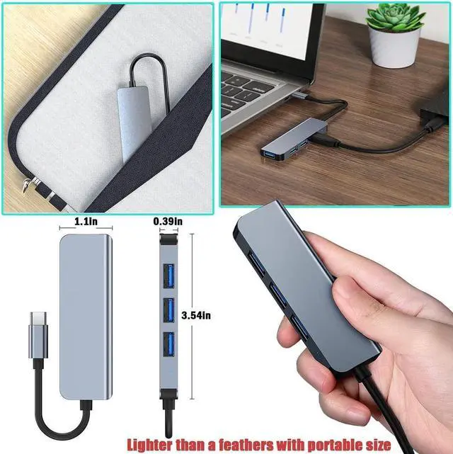 Alt view image 4 of 7 - 4-in-1 USB-C Hub Aluminum USB Type C to USB Adapter with USB 3.0/2.0 Ports (Ultra-Slim),Suitable for MacBook Pro, Chromebook, XPS, Laptop, PC, Surface Pro, Mobile HDD and More