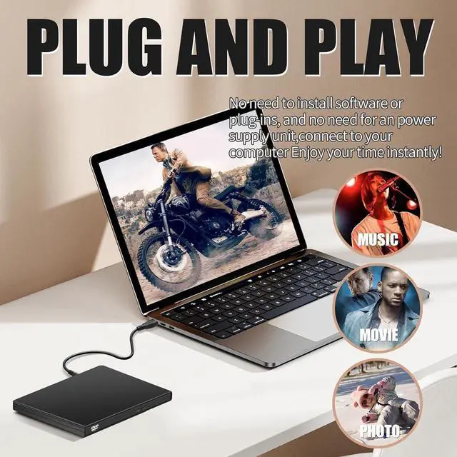 Alt view image 4 of 5 - External CD DVD Drive, USB 2.0 Portable Optical Disc Drive, External CD RW Reader DVD Player for Laptop Desktop PC Mac Windows 11/10/8/7, Mac, Linux OS